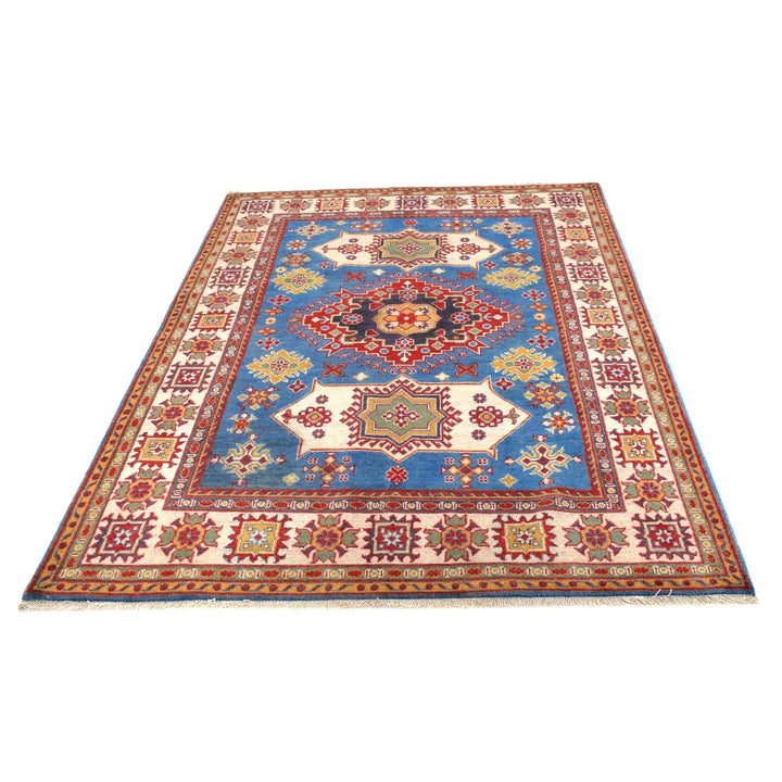Blue Afghan Kazak Rug 4' 11" x 6' 7" Hand-Knotted | No. AL16673