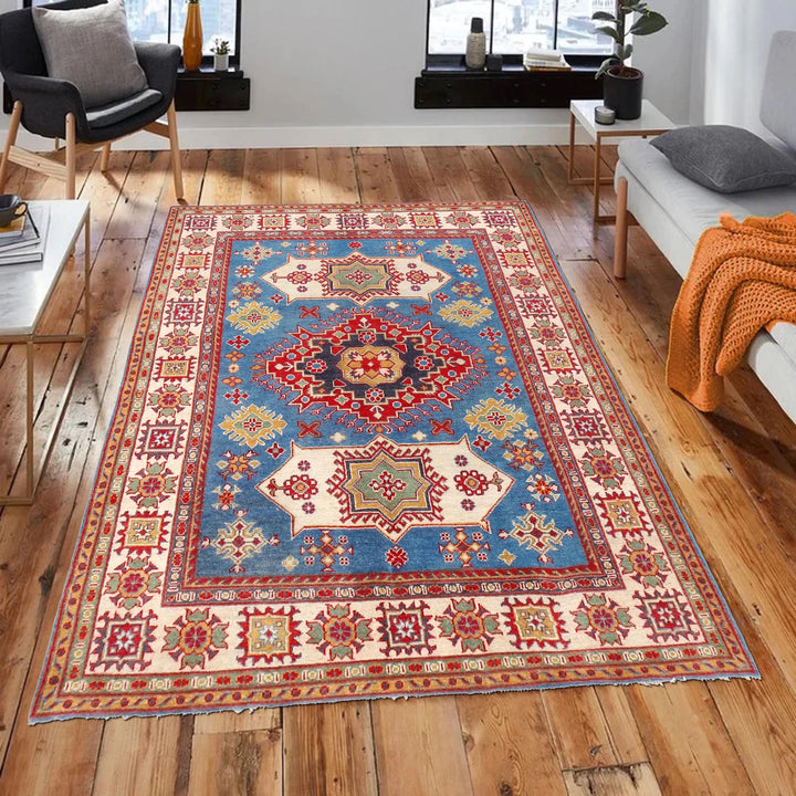 Blue Afghan Kazak Rug 4' 11" x 6' 7" Hand-Knotted | No. AL16673