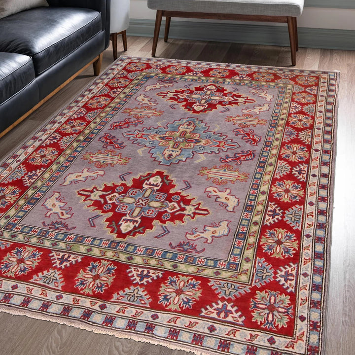 Gray Afghan Kazak Rug 5' 0" x 6' 7" Hand-Knotted | No. AL16749