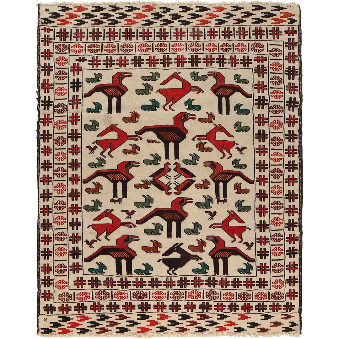 White Afghan Soumak Rug 4' 6" x 5' 8" Flat-Weave | No. AL16798