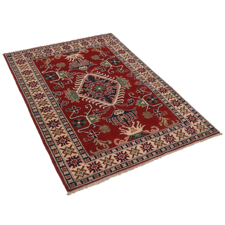 Red Afghan Kazak Rug 3' 5" x 4' 10" Hand-Knotted | No. AL16838