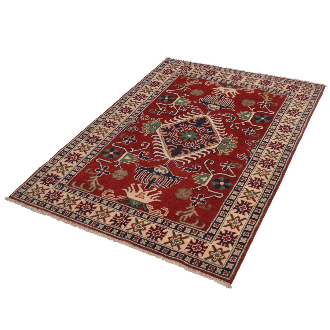 Red Afghan Kazak Rug 3' 5" x 4' 10" Hand-Knotted | No. AL16838