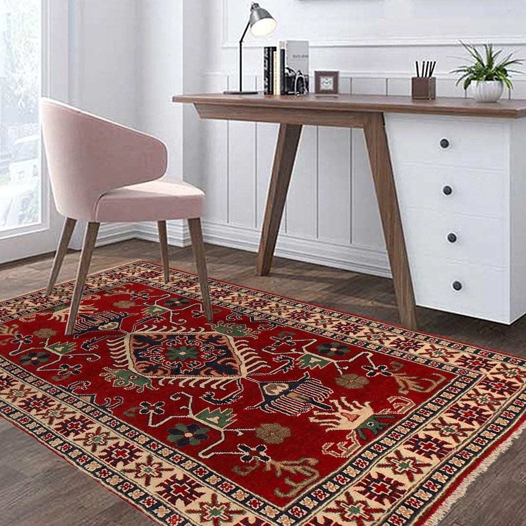 Red Afghan Kazak Rug 3' 5" x 4' 10" Hand-Knotted | No. AL16838