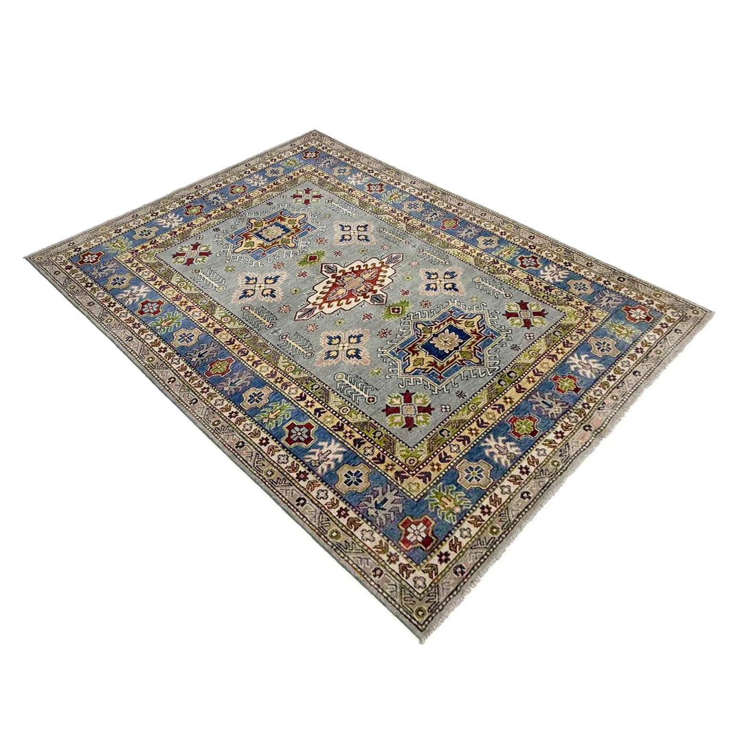 Gray Afghan Kazak Rug 5' 5" x 7' 10" Hand-Knotted | No. AL17014