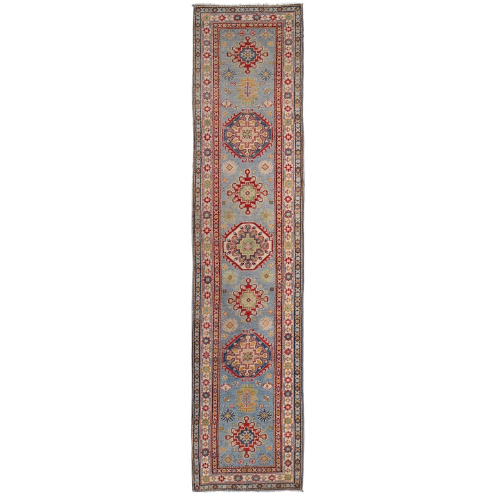 Blue Afghan Kazak Rug 2' 8" x 12' 9" Hand-Knotted | No. AL17082