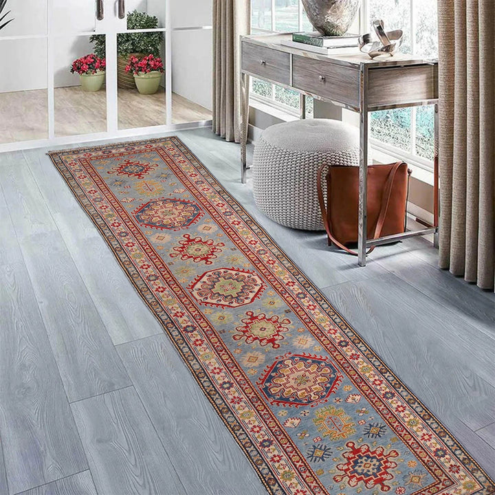 Blue Afghan Kazak Rug 2' 8" x 12' 9" Hand-Knotted | No. AL17082