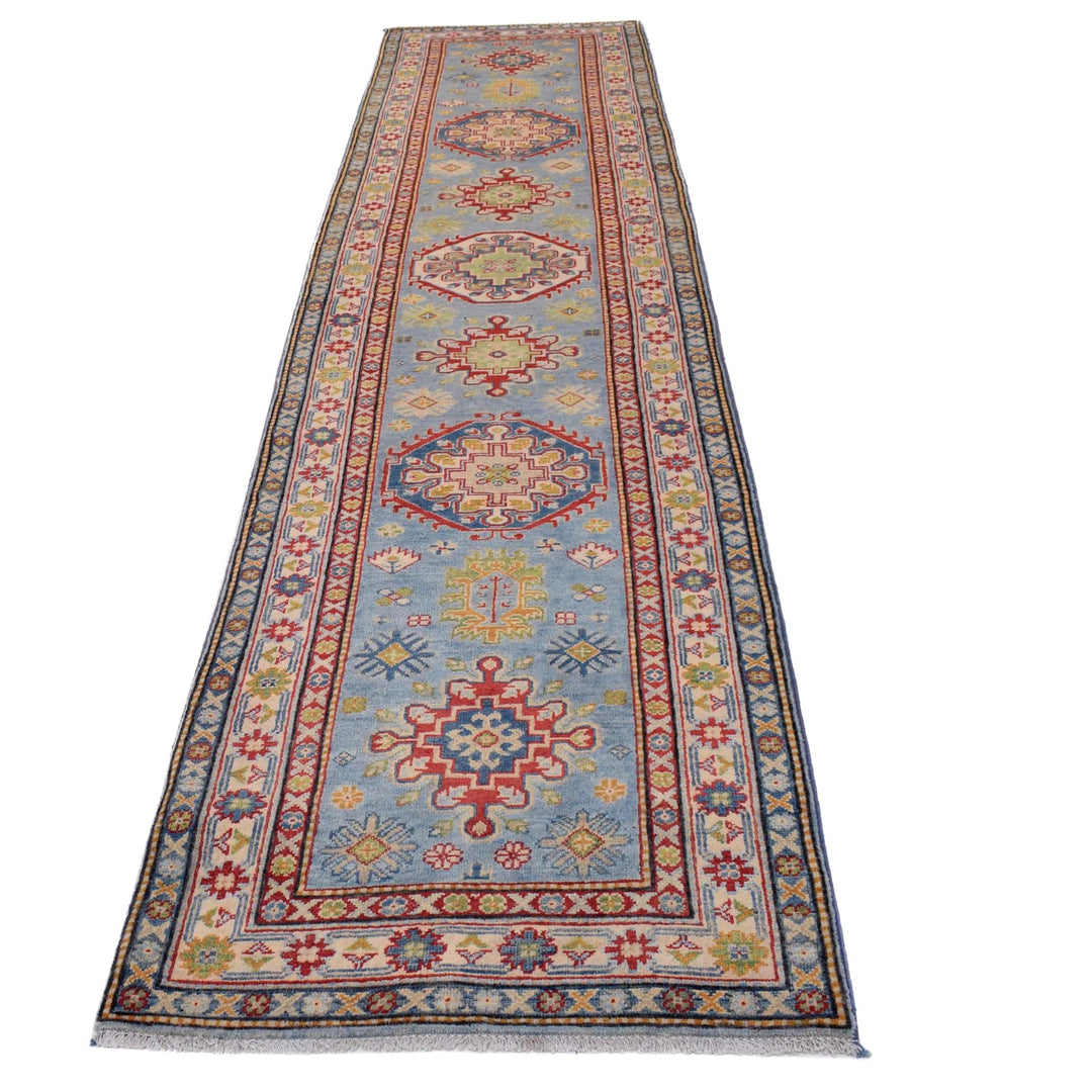 Blue Afghan Kazak Rug 2' 8" x 12' 9" Hand-Knotted | No. AL17082