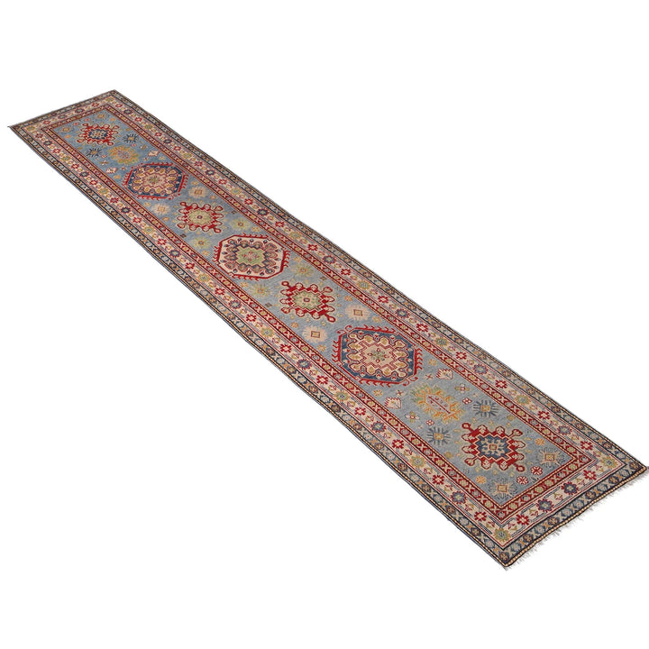 Blue Afghan Kazak Rug 2' 8" x 12' 9" Hand-Knotted | No. AL17082
