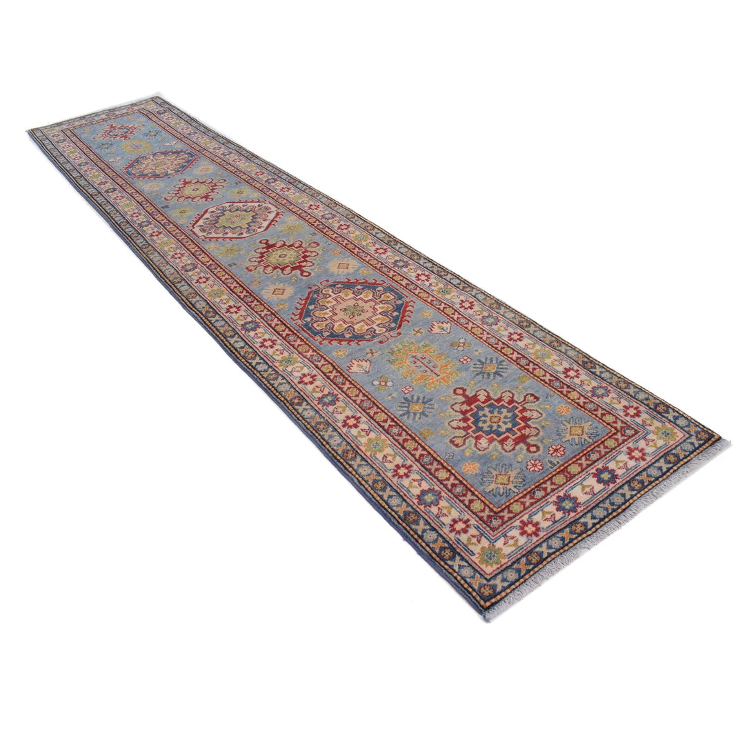 Blue Afghan Kazak Rug 2' 8" x 12' 9" Hand-Knotted | No. AL17082