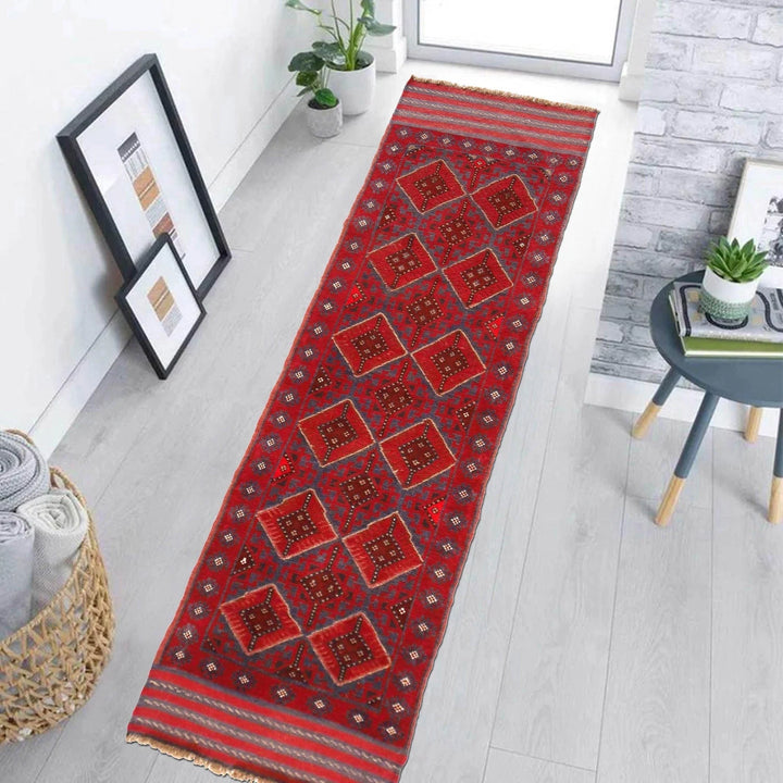Red Afghan Mashwani Rug 2' 1" x 8' 2" Hand-Knotted | No. AL17179