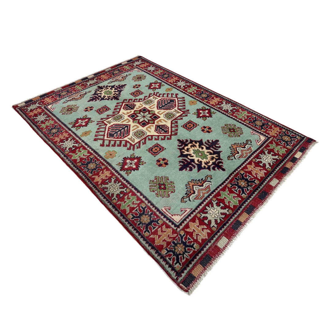 Blue Afghan Kazak Rug 3' 2" x 4' 9" Hand-Knotted | No. AL17304