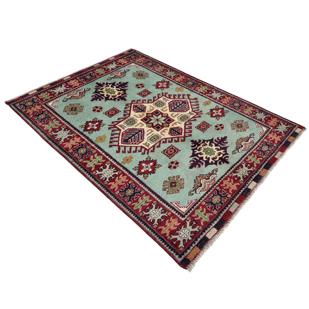 Blue Afghan Kazak Rug 3' 2" x 4' 9" Hand-Knotted | No. AL17304