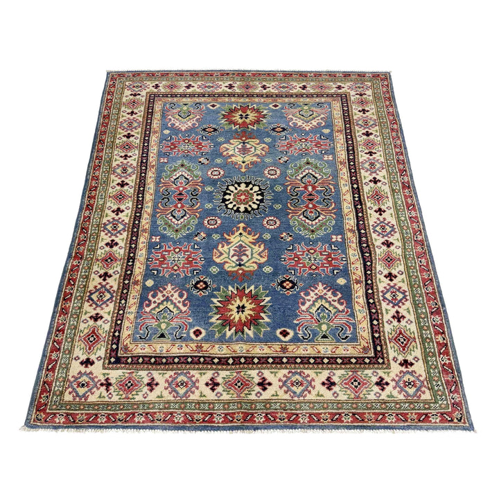 Blue Afghan Kazak Rug 4' 0" x 6' 1" Hand-Knotted | No. AL17305
