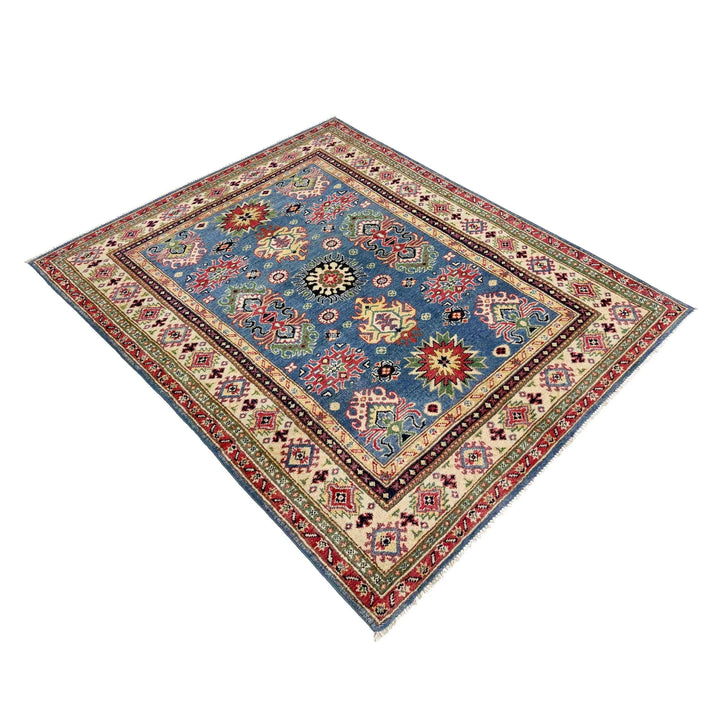 Blue Afghan Kazak Rug 4' 0" x 6' 1" Hand-Knotted | No. AL17305