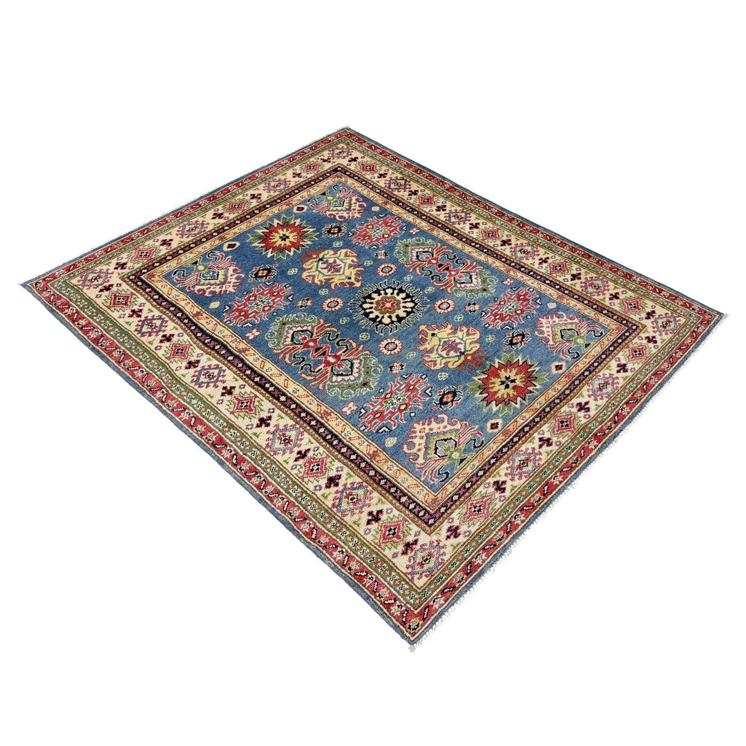 Blue Afghan Kazak Rug 4' 0" x 6' 1" Hand-Knotted | No. AL17305