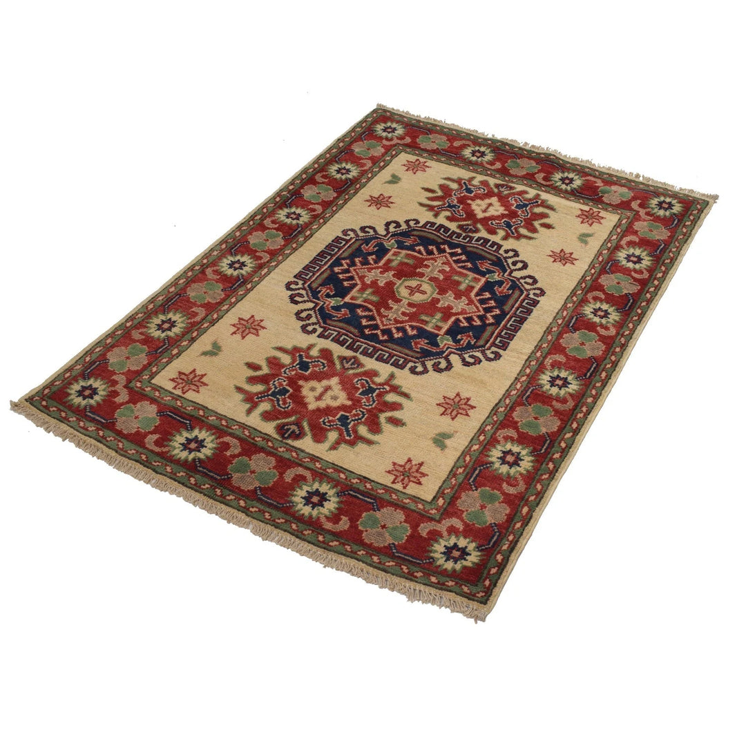 Ivory Afghan Kazak Rug 2' 11" x 4' 1" Hand-Knotted | No. AL17324