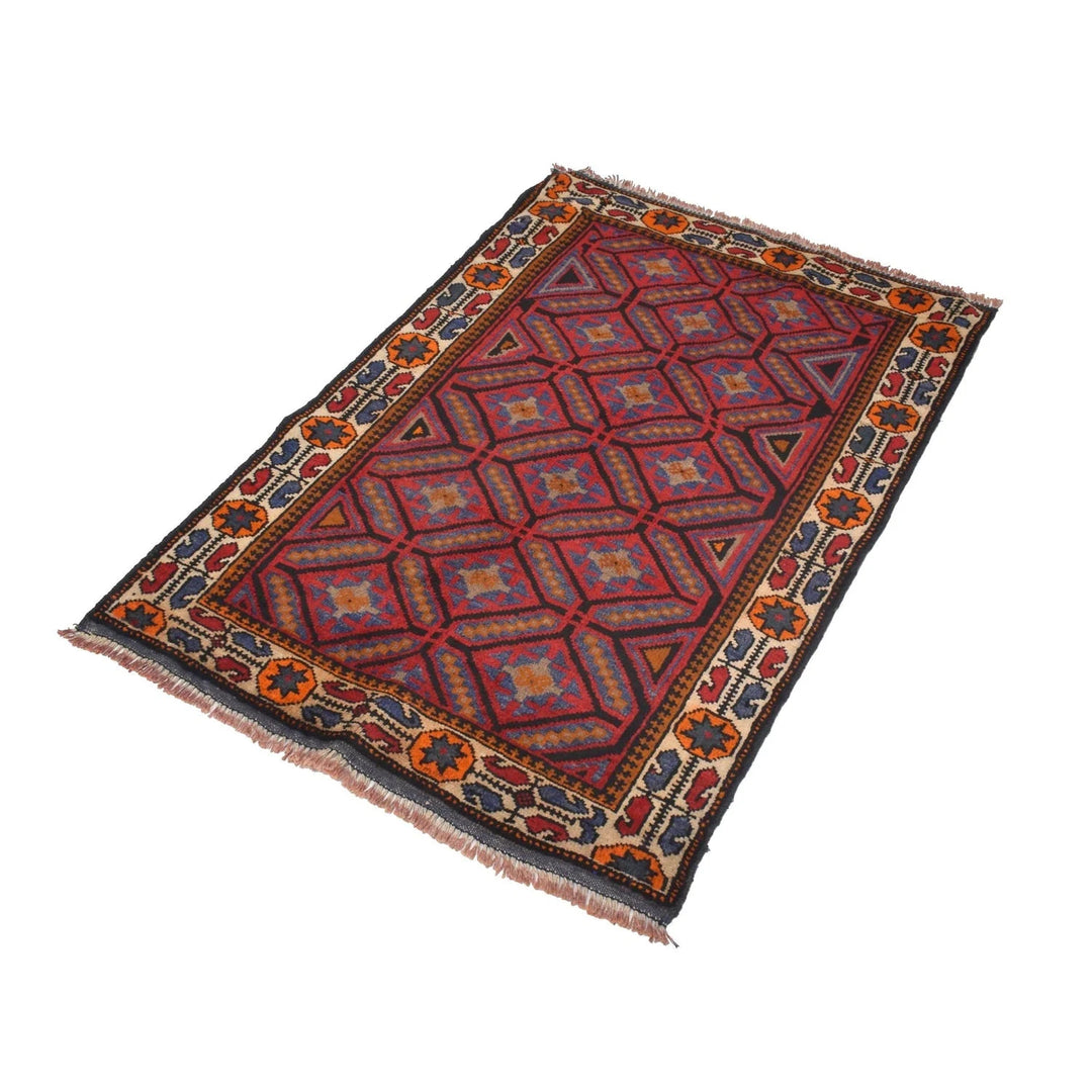 Red Afghan Baluchi Rug 2' 8" x 3' 10" Hand-Knotted | No. AL17402