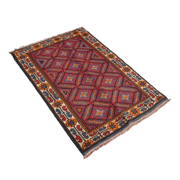 Red Afghan Baluchi Rug 2' 8" x 3' 10" Hand-Knotted | No. AL17402