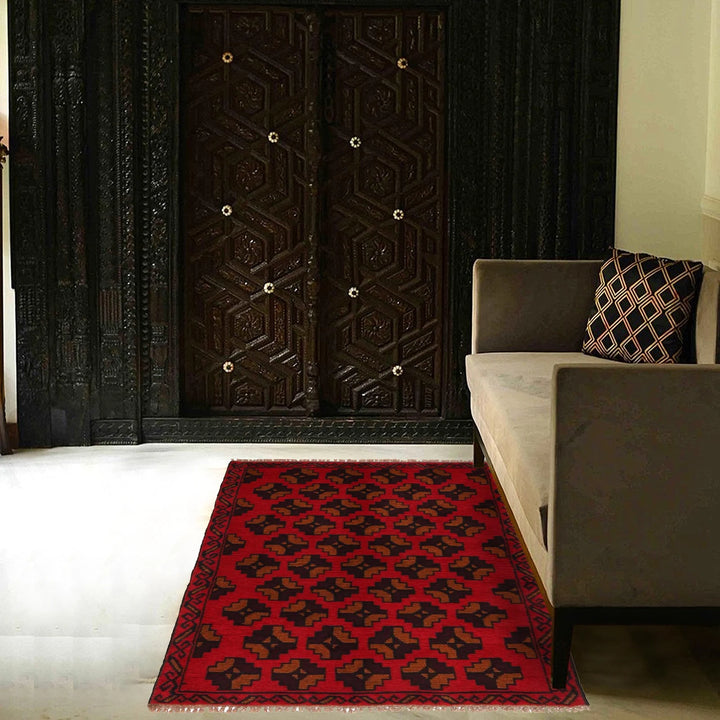 Red Afghan Baluchi Rug 2' 9" x 4' 5" Hand-Knotted | No. AL17477
