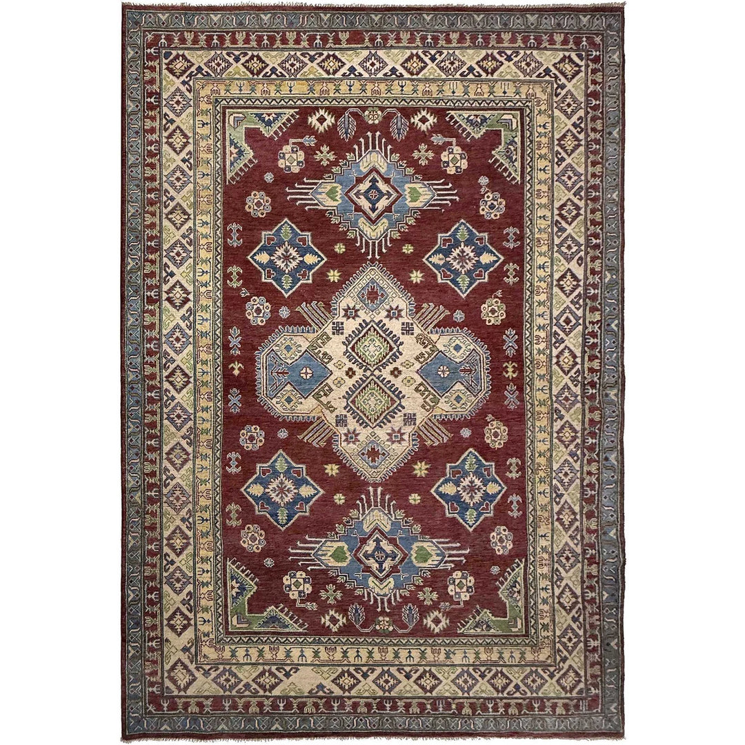 Red Afghan Kazak Rug 6'8" x 9'11" Hand-Knotted | No. AL17556