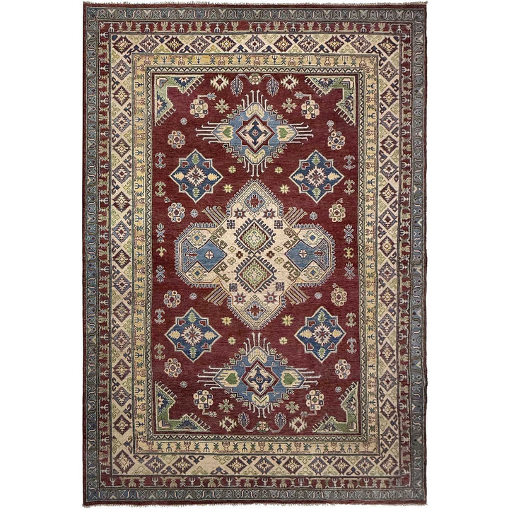 Red Afghan Kazak Rug 6'8" x 9'11" Hand-Knotted | No. AL17556