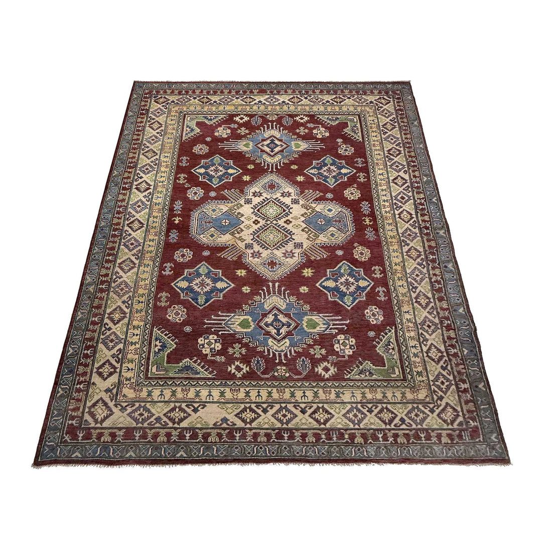 Red Afghan Kazak Rug 6'8" x 9'11" Hand-Knotted | No. AL17556