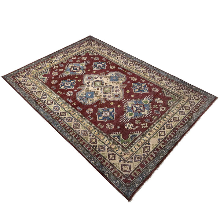 Red Afghan Kazak Rug 6'8" x 9'11" Hand-Knotted | No. AL17556