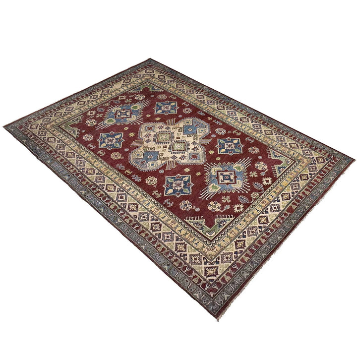 Red Afghan Kazak Rug 6'8" x 9'11" Hand-Knotted | No. AL17556