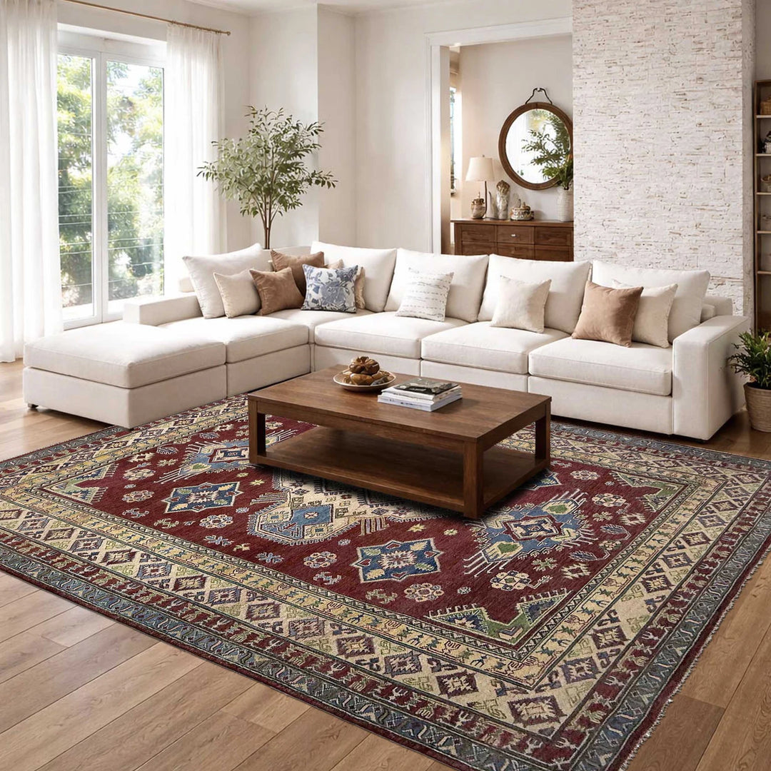 Red Afghan Kazak Rug 6'8" x 9'11" Hand-Knotted | No. AL17556