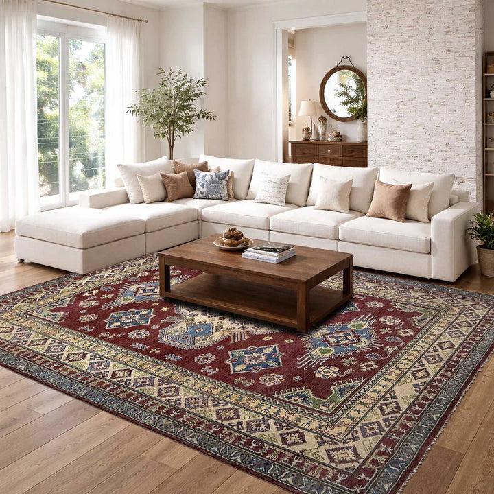 Red Afghan Kazak Rug 6'8" x 9'11" Hand-Knotted | No. AL17556