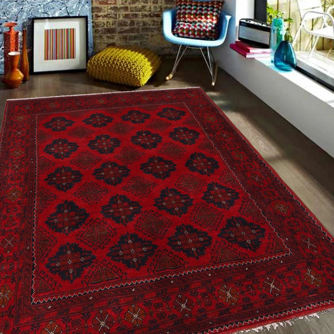 Red Afghan Khal Mohammadi Rug 5' 1" x 6' 7" Hand-Knotted | No. AL17643