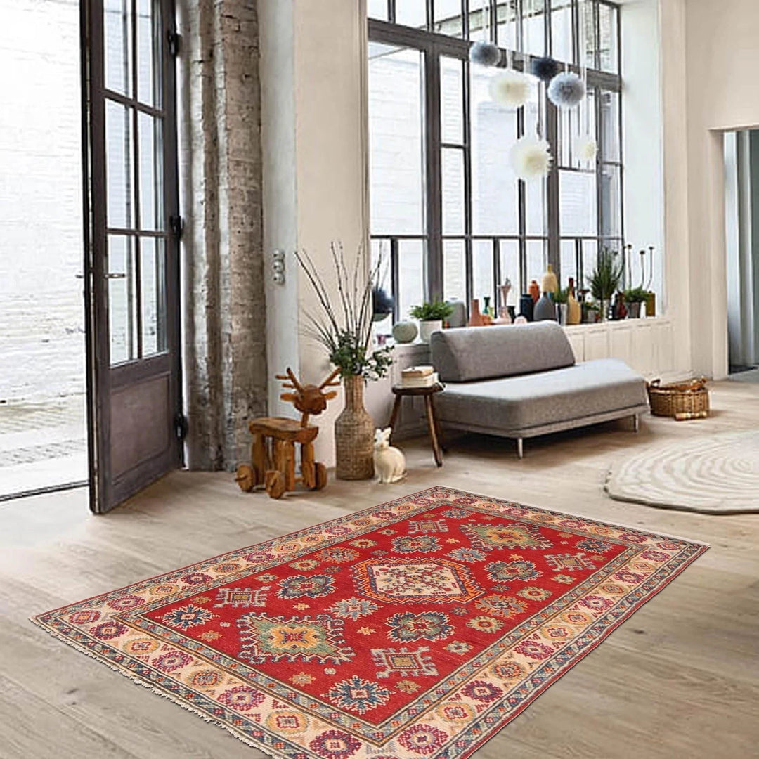 Red Afghan Kazak Rug 2' 7" x 3' 11" Hand-Knotted | No. AL17736