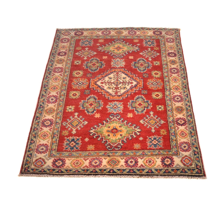 Red Afghan Kazak Rug 2' 7" x 3' 11" Hand-Knotted | No. AL17736