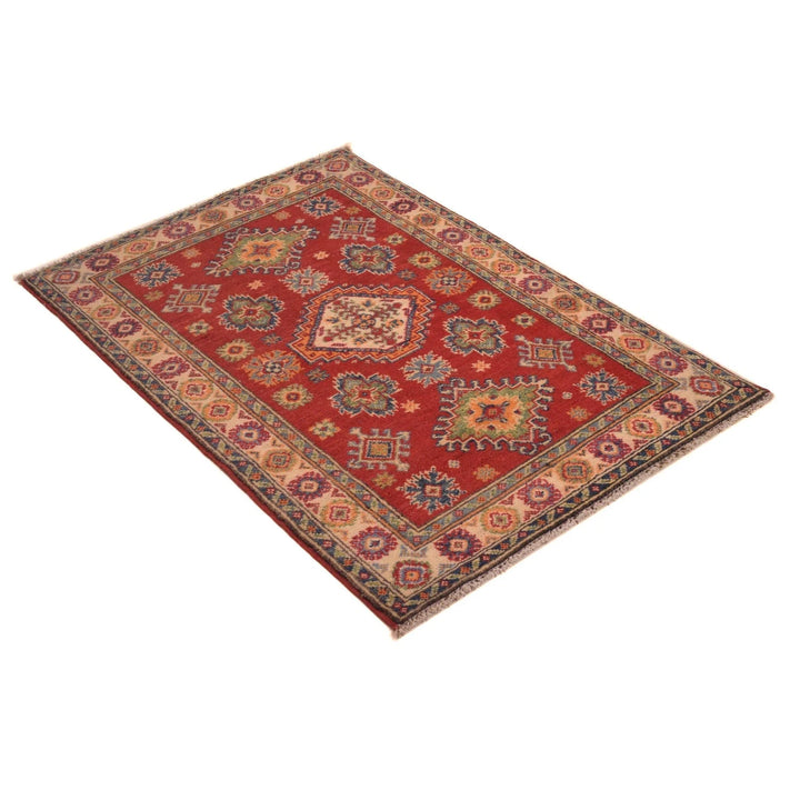 Red Afghan Kazak Rug 2' 7" x 3' 11" Hand-Knotted | No. AL17736