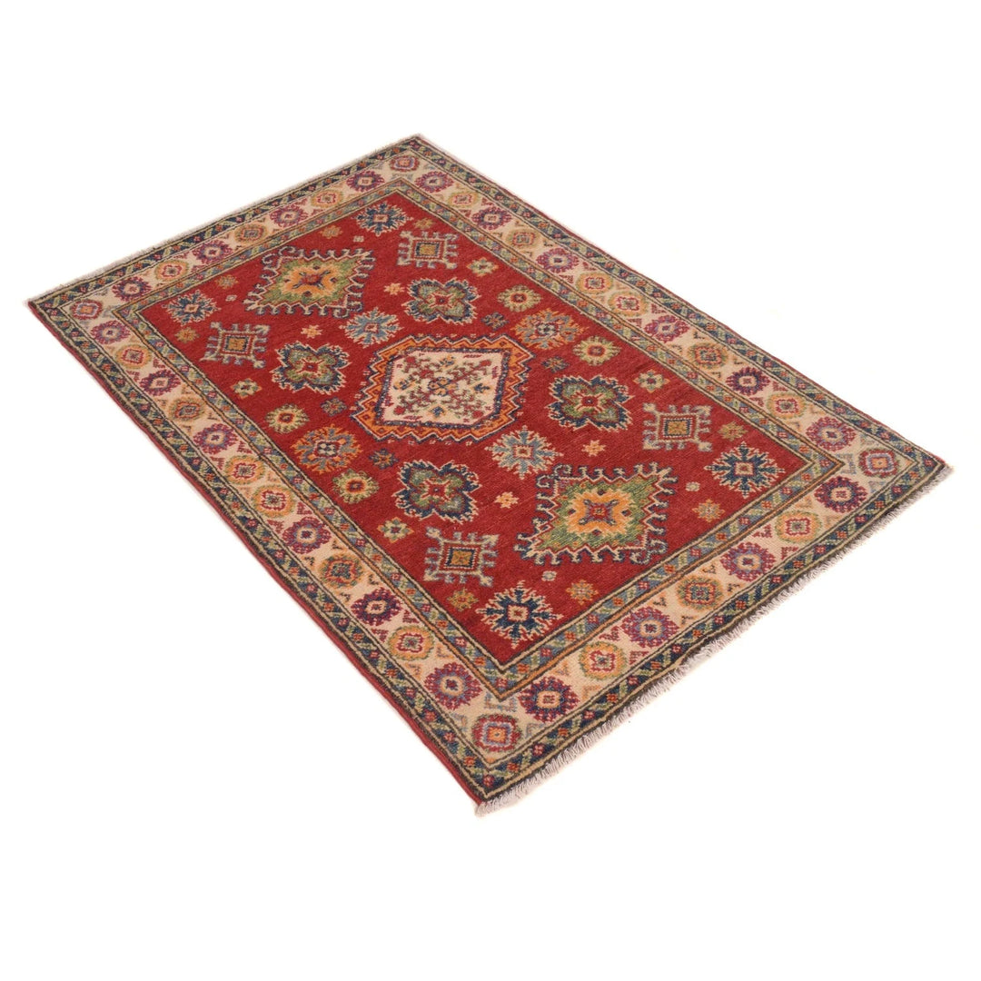 Red Afghan Kazak Rug 2' 7" x 3' 11" Hand-Knotted | No. AL17736