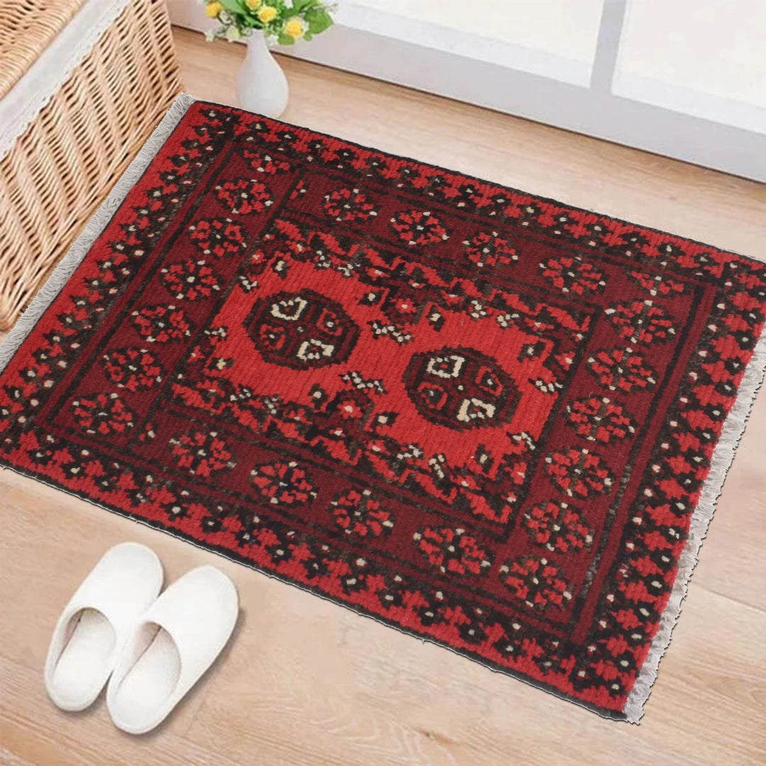 Red Afghan Oriental Rug 1' 7" x 2' 1" Hand-Knotted | No. AL17968