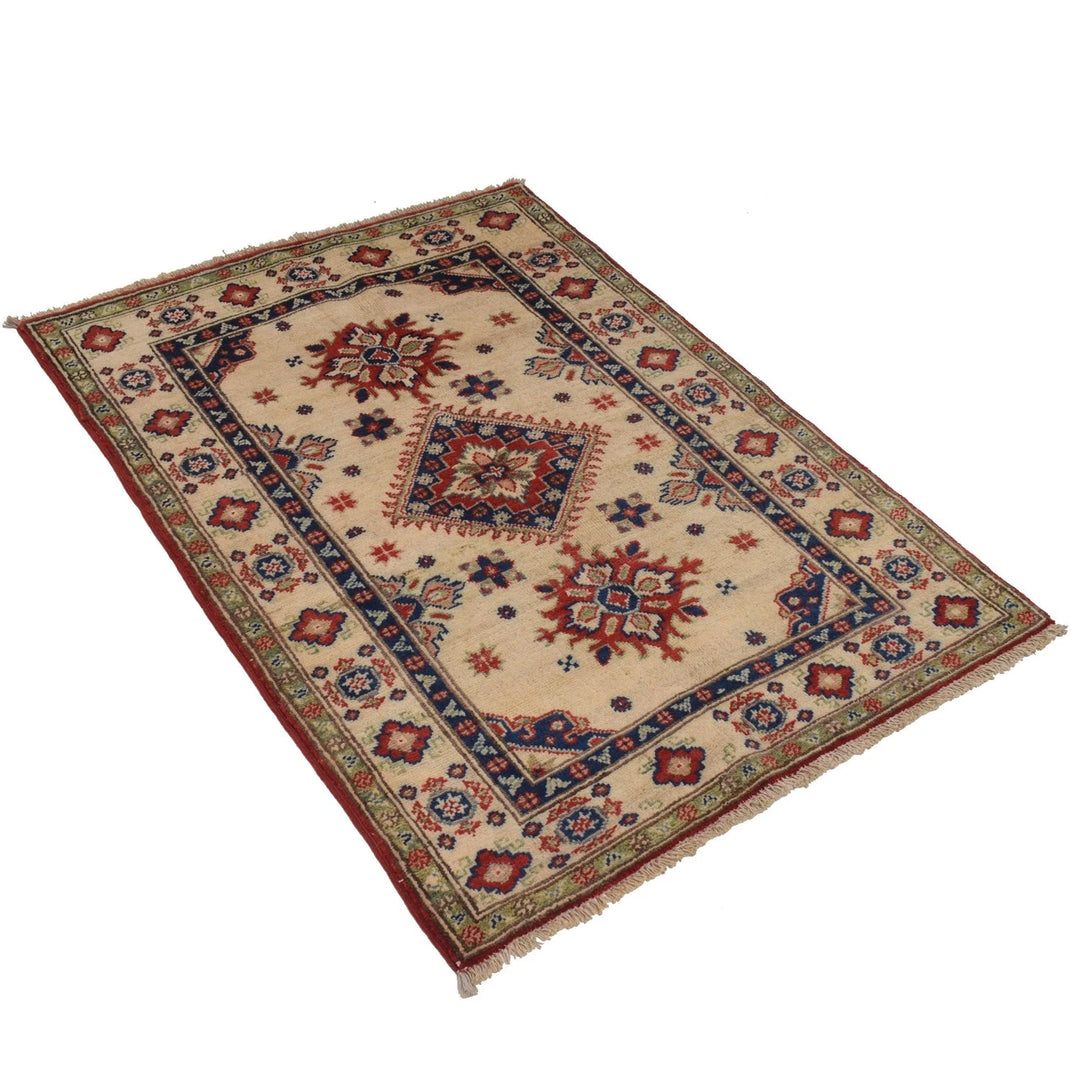 Ivory Afghan Kazak Rug 2' 9" x 3' 10" Hand-Knotted | No. AL18074