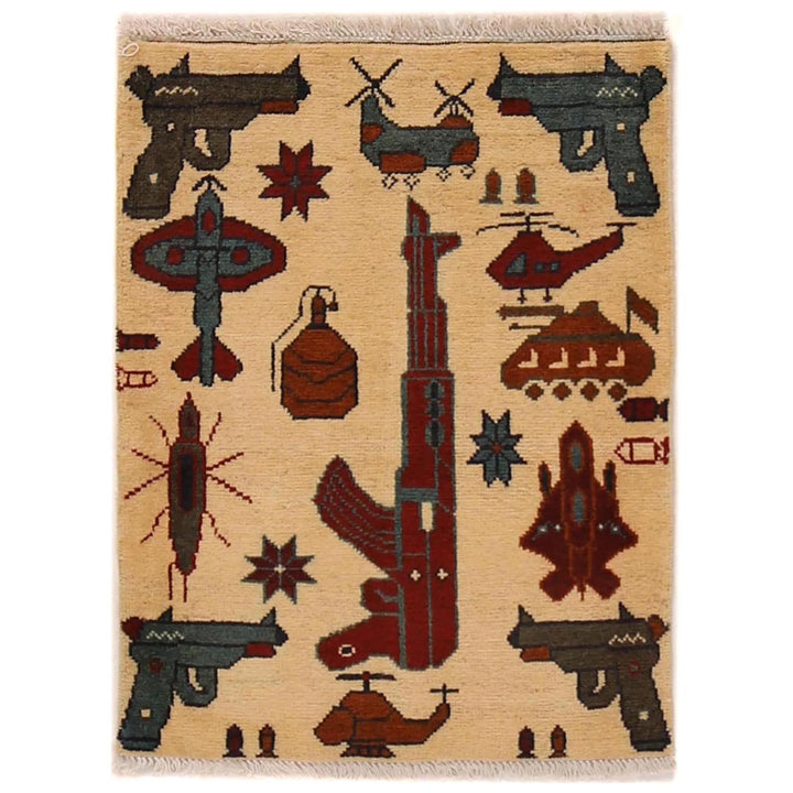 Beige Afghan War Rug 1' 11" x 2' 6" Hand-Knotted | No. AL18089