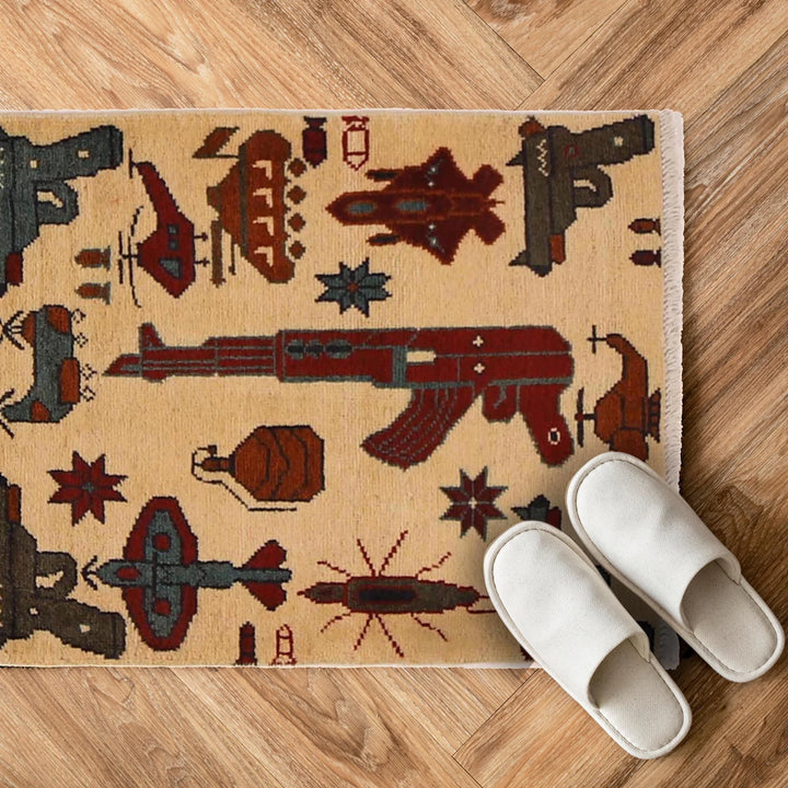 Beige Afghan War Rug 1' 11" x 2' 6" Hand-Knotted | No. AL18089