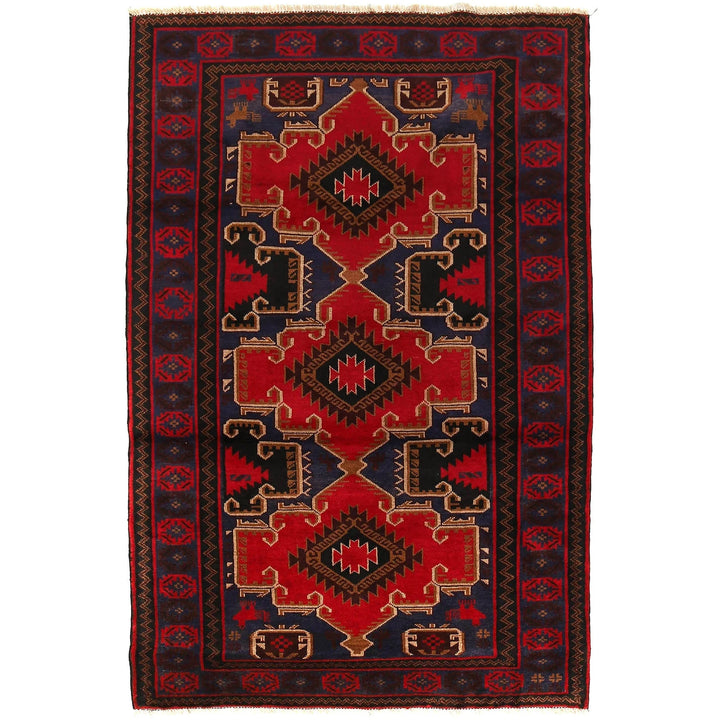 Red Afghan Baluchi Rug 4' 2" x 6' 6" Hand-Knotted | No. AL181192