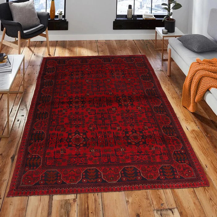 Red Afghan Khal Mohammadi Rug 4' 11" x 6' 5" Hand-Knotted | No. AL18124