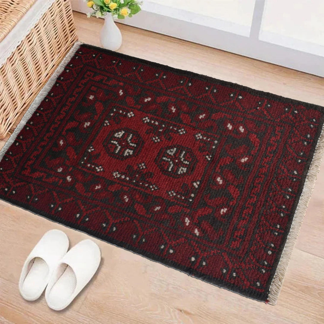 Red Afghan Oriental Rug 1' 6" x 2' 1" Hand-Knotted | No. AL18218