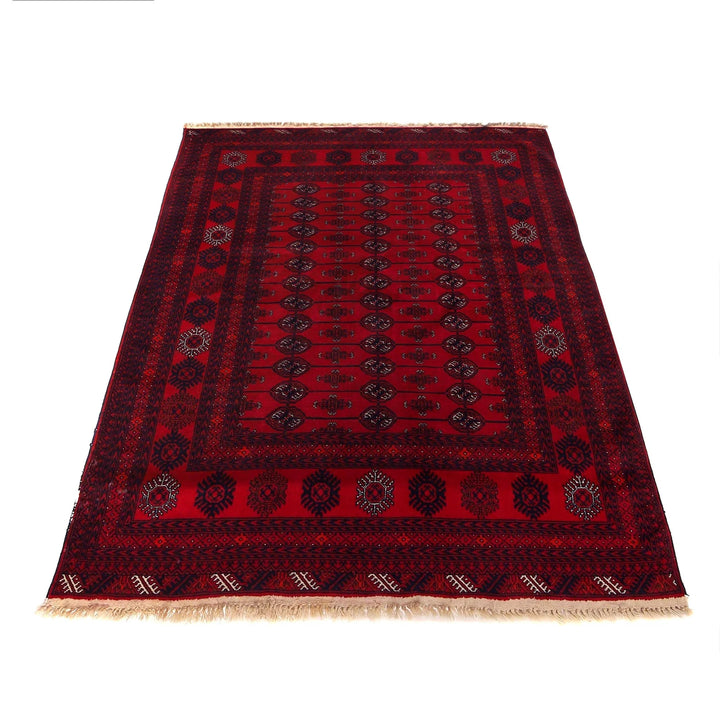 Red Afghan Bokhara Rug 4' 4" x 6' 2" Hand-Knotted | No. AL18469