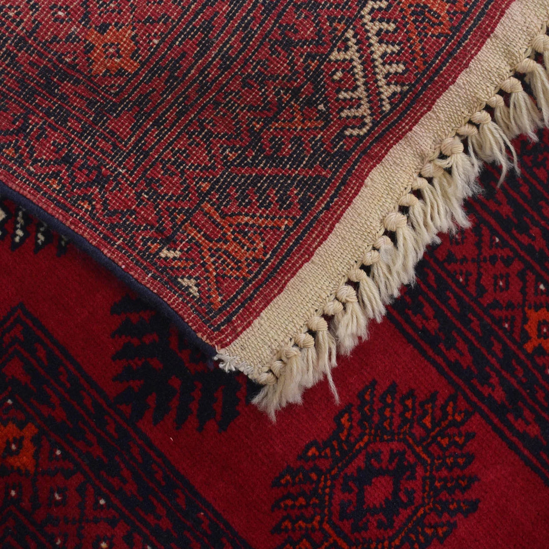 Red Afghan Bokhara Rug 4' 4" x 6' 2" Hand-Knotted | No. AL18469