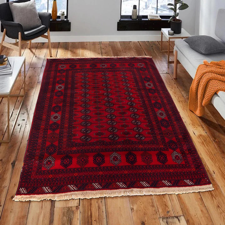 Red Afghan Bokhara Rug 4' 4" x 6' 2" Hand-Knotted | No. AL18469