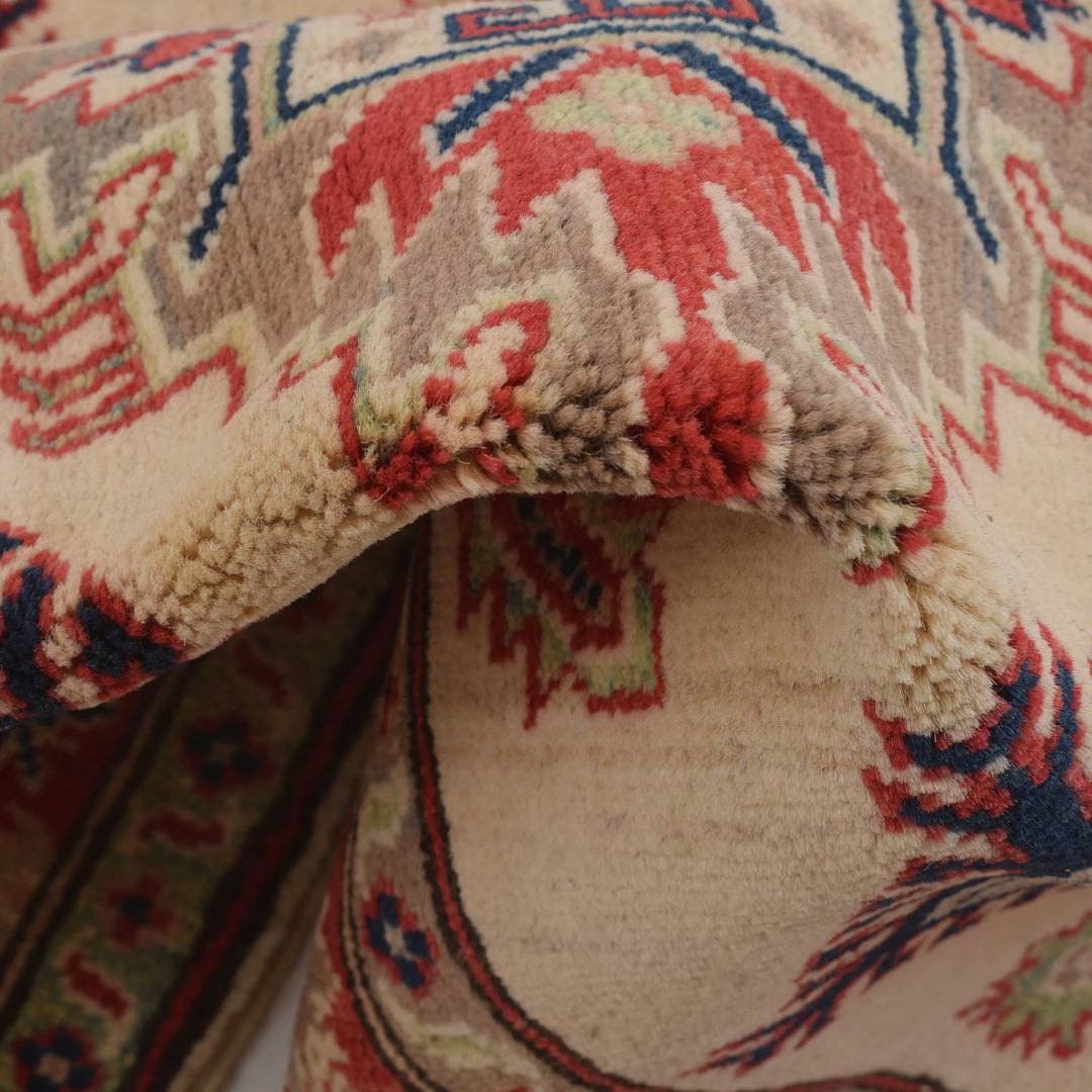 Ivory Afghan Kazak Rug 3' 5" x 4' 9" Hand-Knotted | No. AL18548
