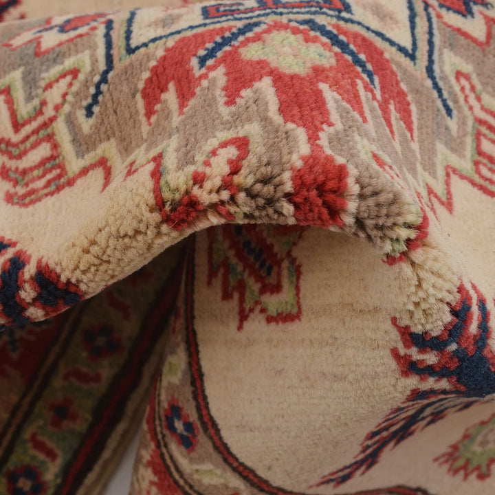 Ivory Afghan Kazak Rug 3' 5" x 4' 9" Hand-Knotted | No. AL18548