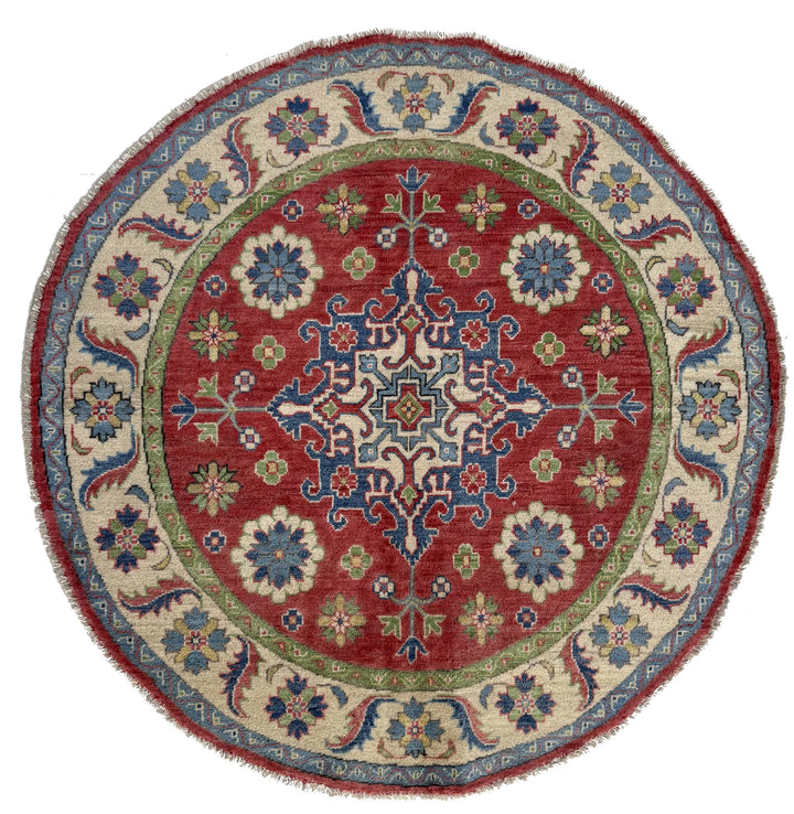 Red Afghan Kazak Rug 4'10" x 4'11" Hand-Knotted | No. AL18689