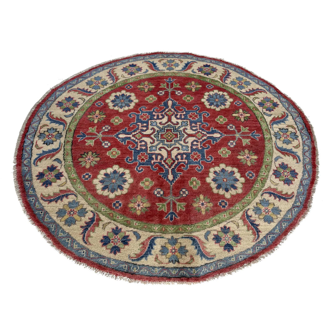 Red Afghan Kazak Rug 4'10" x 4'11" Hand-Knotted | No. AL18689