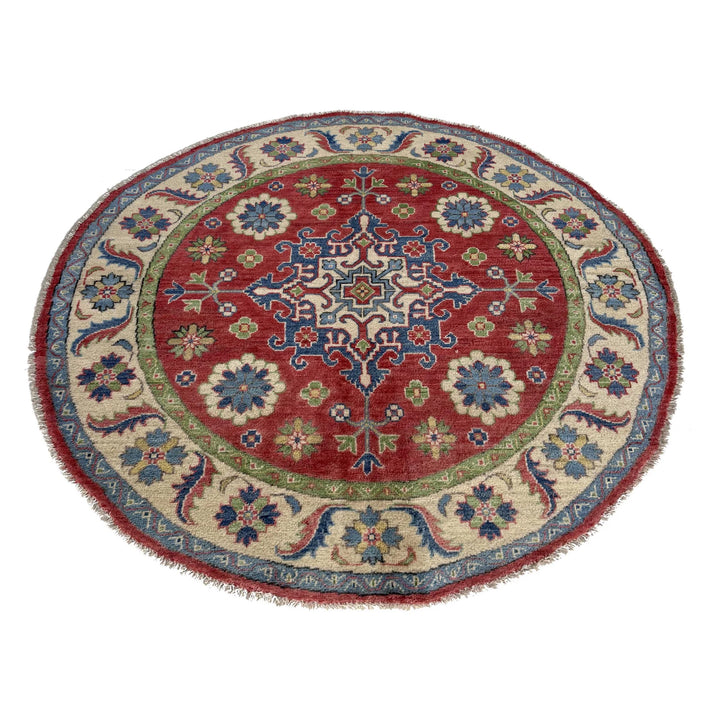 Red Afghan Kazak Rug 4'10" x 4'11" Hand-Knotted | No. AL18689